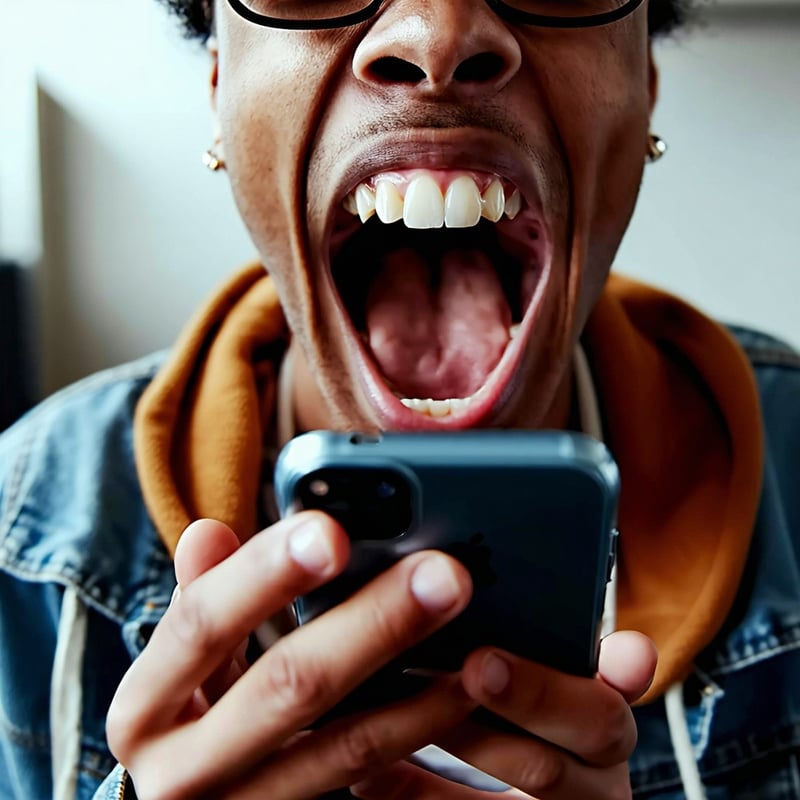 a person with their mouth wide open trying to expose as much of their teeth as possible while holding a cellphone-2 a person with their mouth wide open trying to expose as much of their teeth as possible while holding a cellphone-2