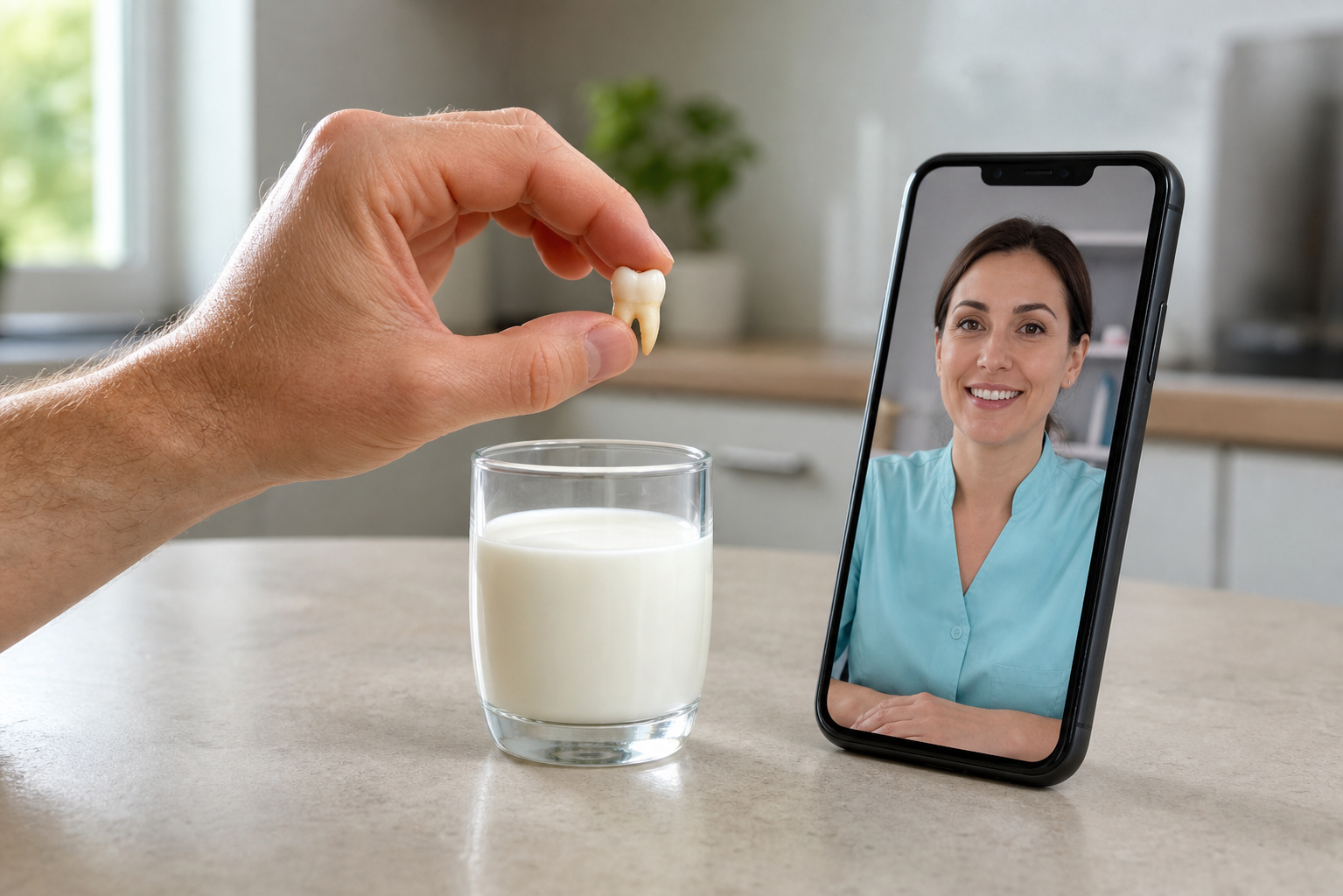 Hand holding a knocked-out tooth by the crown above a glass of milk, the recommended way to store it on the way to a dentist.