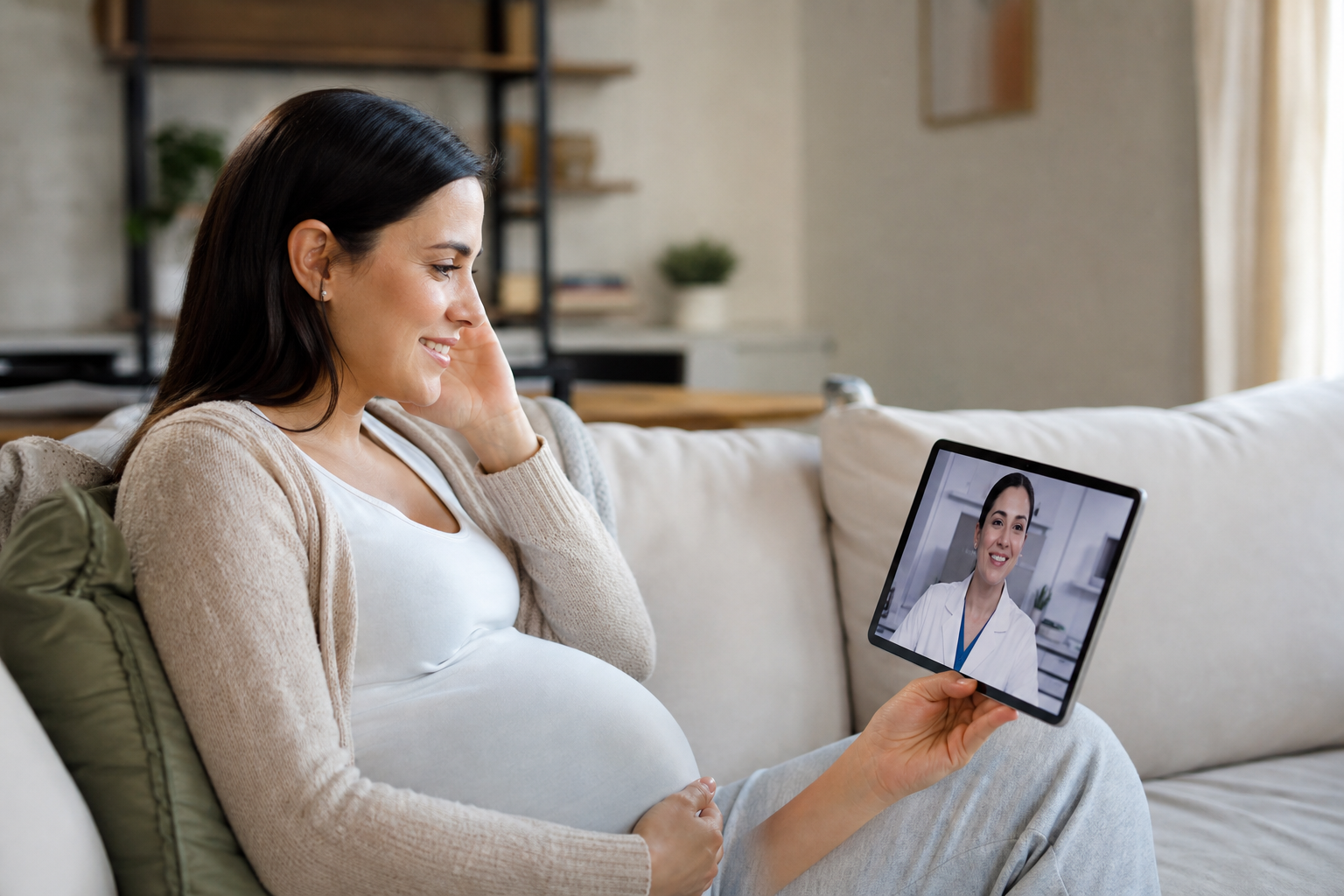 Pregnant woman with a toothache talking to a dentist over a tablet video call at home.