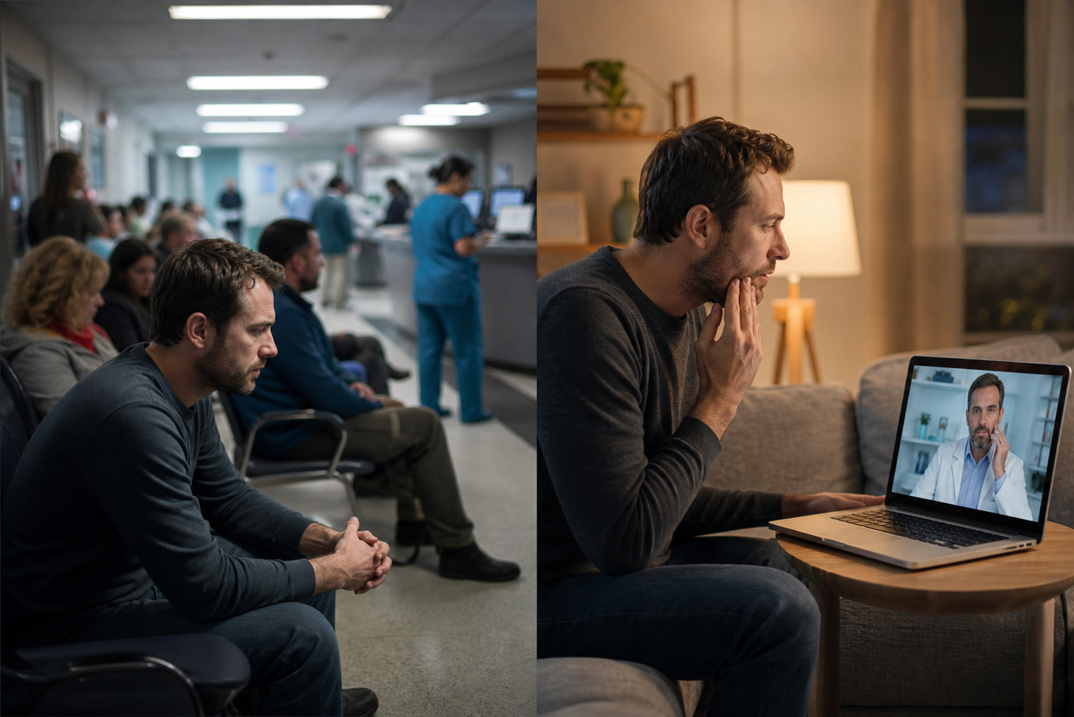 Side-by-side of a busy emergency room waiting area and a person at home on a video call with a dentist for a toothache.