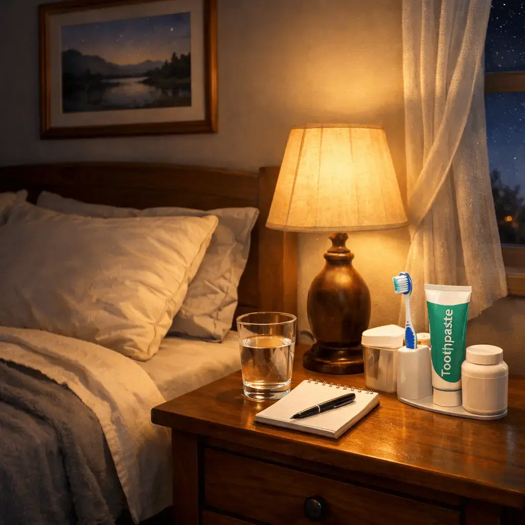 The image depicts a serene bedroom at night softly illuminated by the warm glow of a bedside lamp The bed is neatly made with fluffy pillow